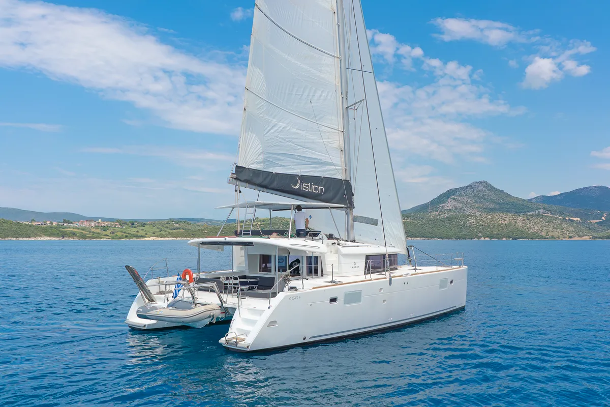 Exterior view of Cassiopeia II, a Lagoon 450 Fly catamaran at Kontokali, Greece
