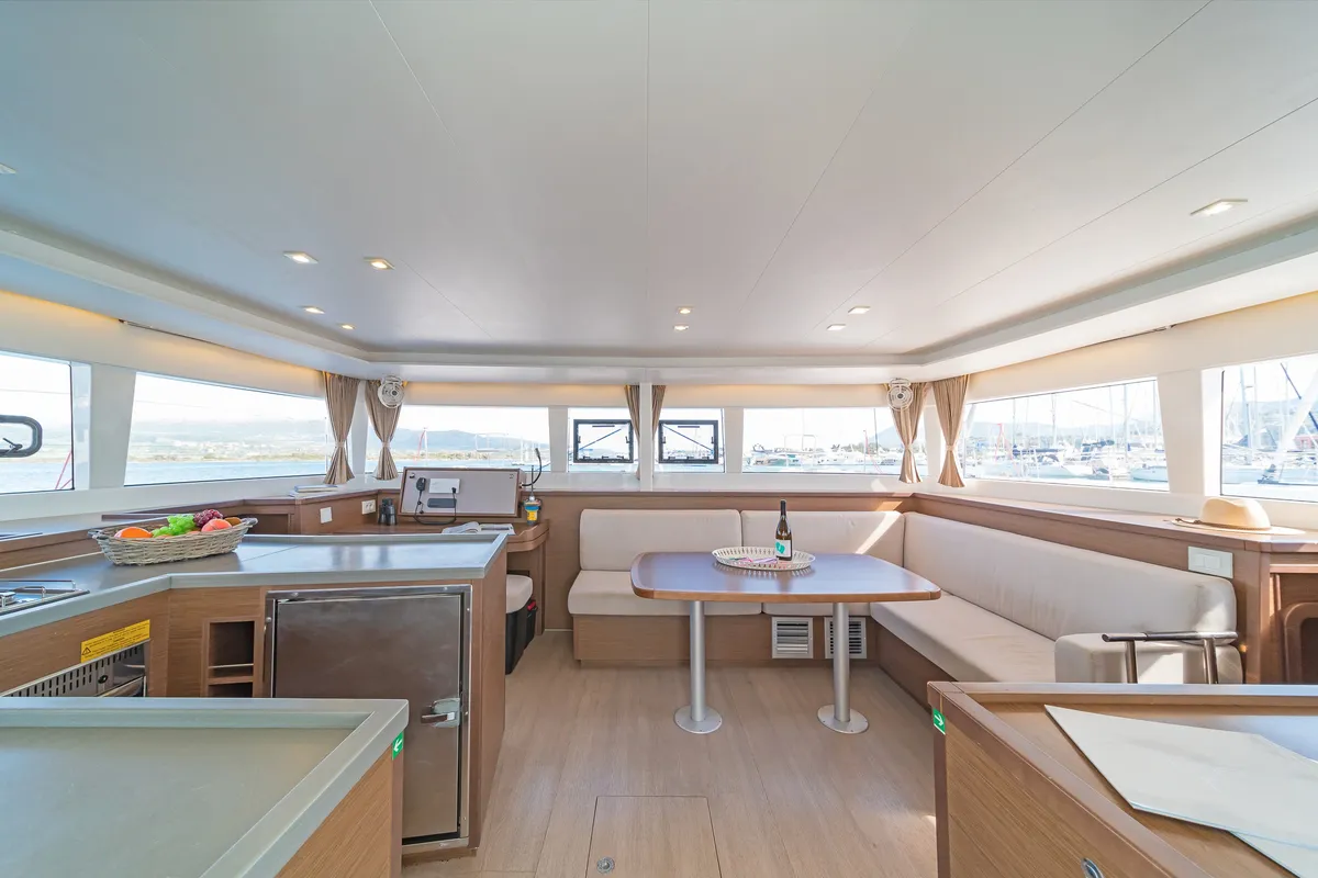 Salon of Cassiopeia II, a Lagoon 450 Fly catamaran at Kontokali, Greece