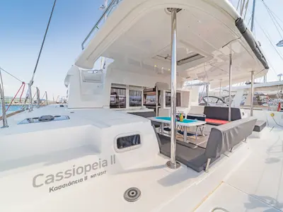 Deck of Cassiopeia II, a Lagoon 450 Fly catamaran at Kontokali, Greece