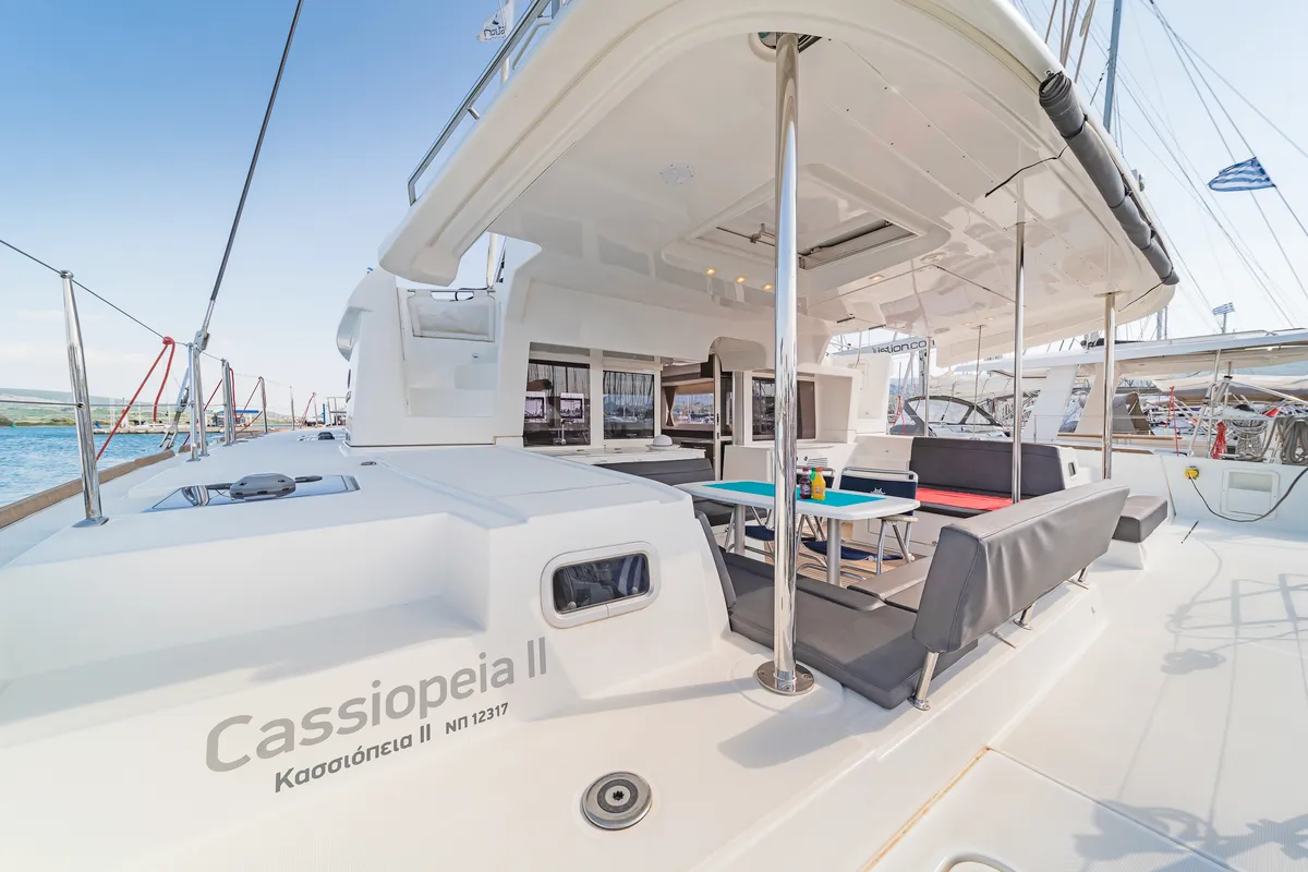 Deck of Cassiopeia II, a Lagoon 450 Fly catamaran at Kontokali, Greece