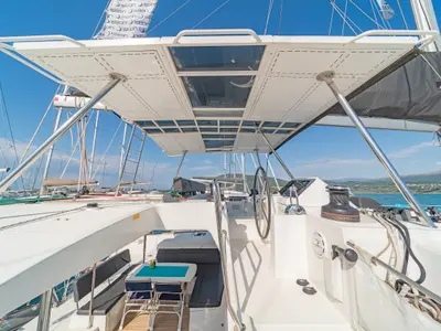 Cockpit of Cassiopeia II, a Lagoon 450 Fly catamaran at Kontokali, Greece