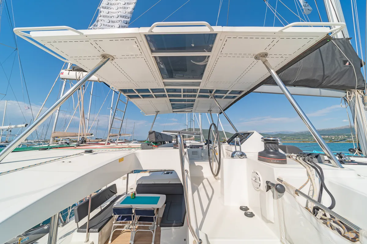 Cockpit of Cassiopeia II, a Lagoon 450 Fly catamaran at Kontokali, Greece