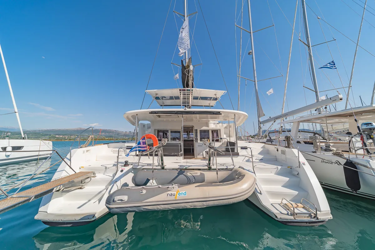 Exterior view of Cassiopeia II, a Lagoon 450 Fly catamaran at Kontokali, Greece