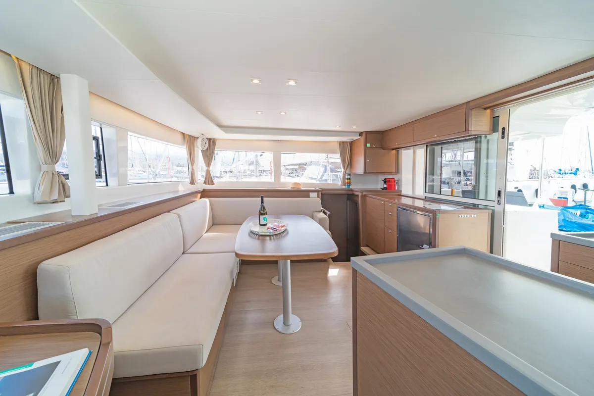 Salon of Cassiopeia II, a Lagoon 450 Fly catamaran at Kontokali, Greece