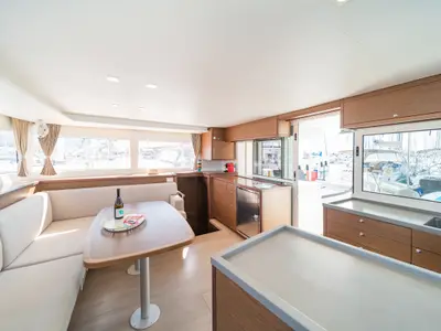 Galley of Cassiopeia II, a Lagoon 450 Fly catamaran at Kontokali, Greece