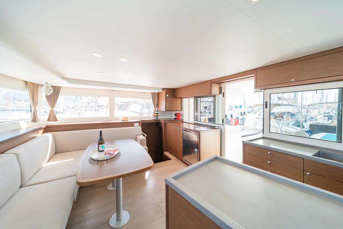 Galley of Cassiopeia II, a Lagoon 450 Fly catamaran at Kontokali, Greece