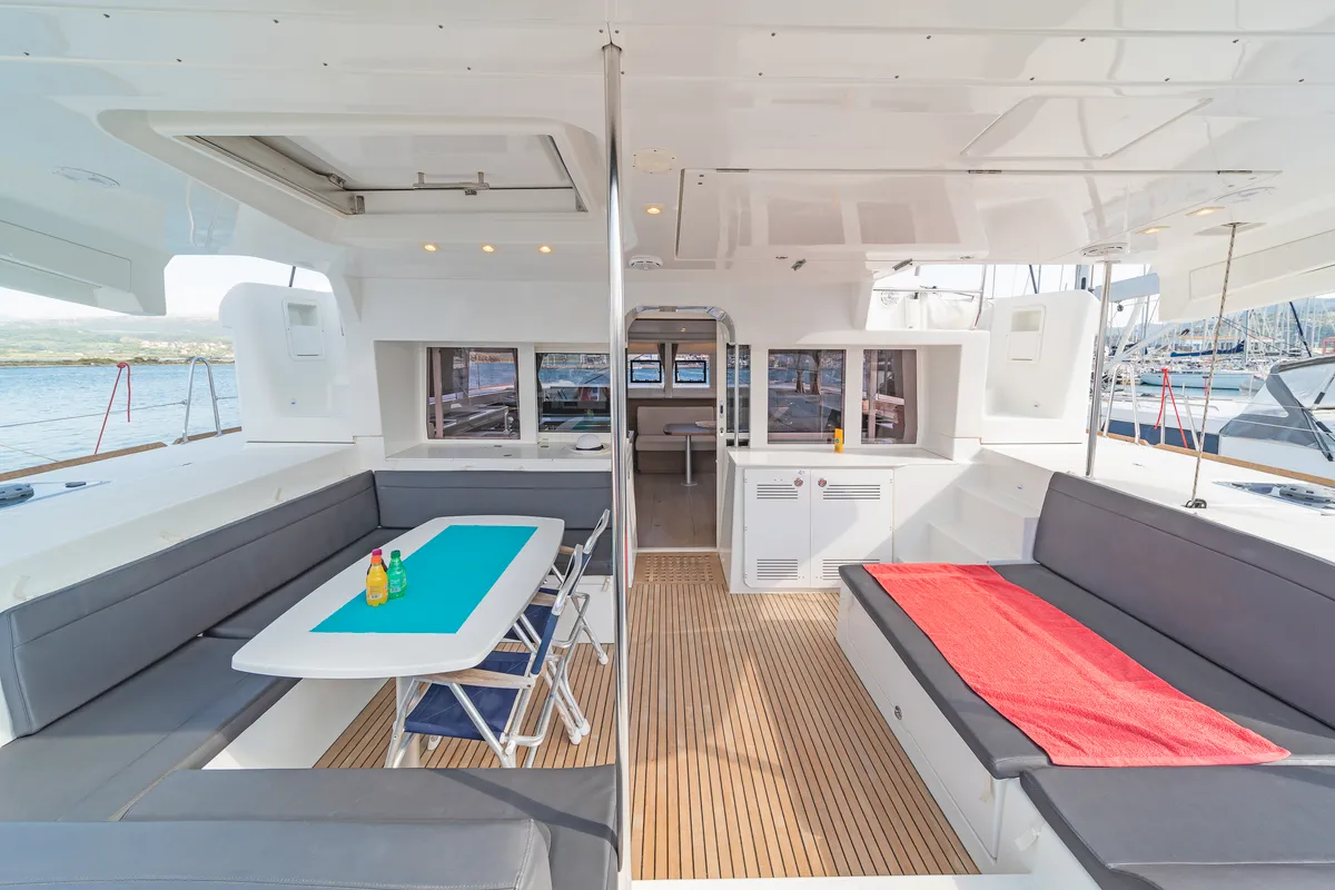 Deck of Cassiopeia II, a Lagoon 450 Fly catamaran at Kontokali, Greece