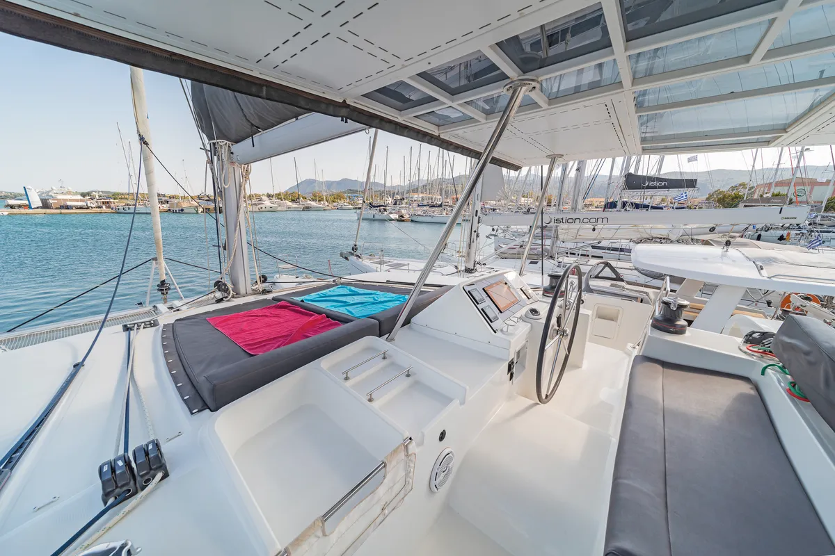 Cockpit of Cassiopeia II, a Lagoon 450 Fly catamaran at Kontokali, Greece