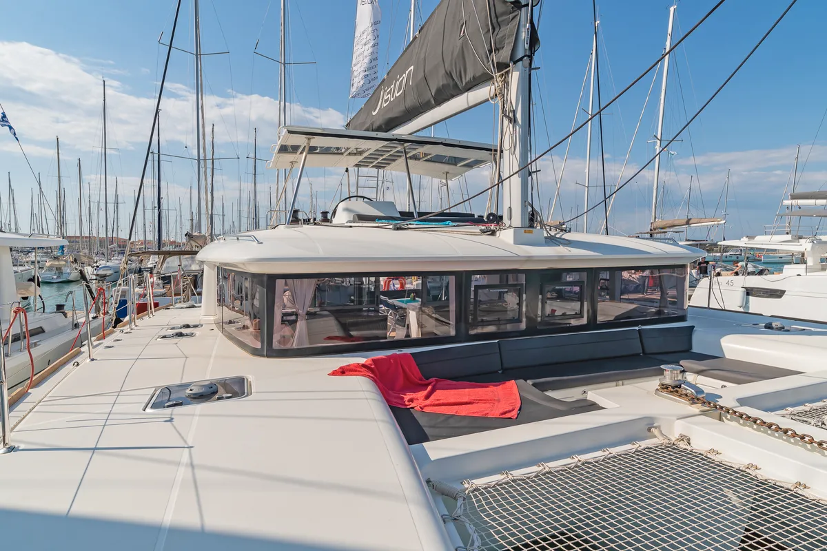 Deck of Cassiopeia II, a Lagoon 450 Fly catamaran at Kontokali, Greece