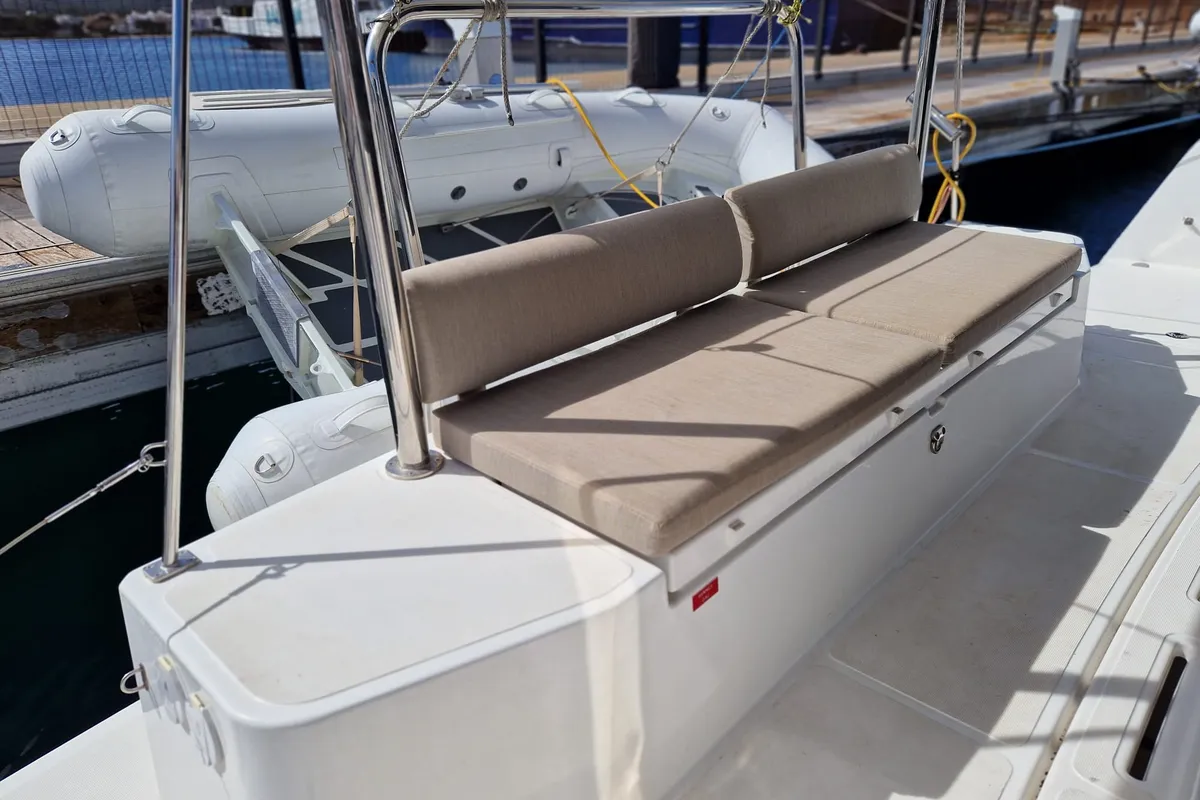 Salon of navégame, a Bali Catspace catamaran at Sant Antoni de Portmany, Spain