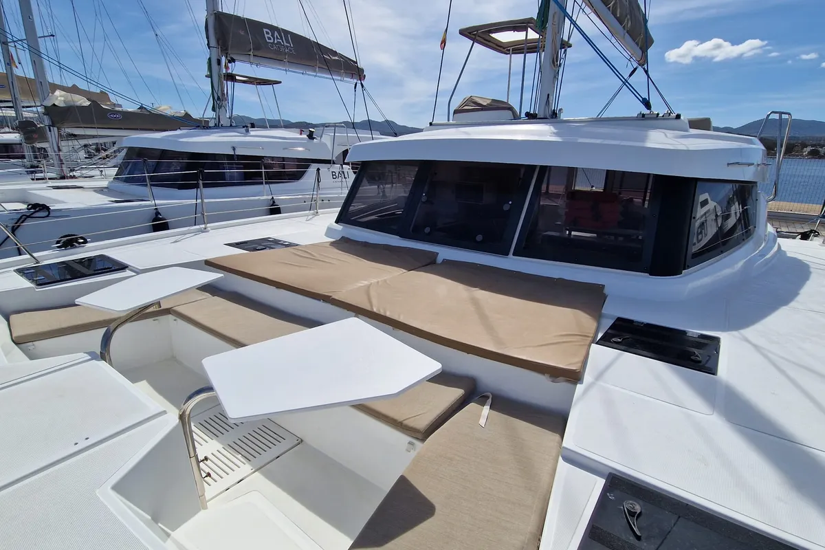 Deck of navégame, a Bali Catspace catamaran at Sant Antoni de Portmany, Spain