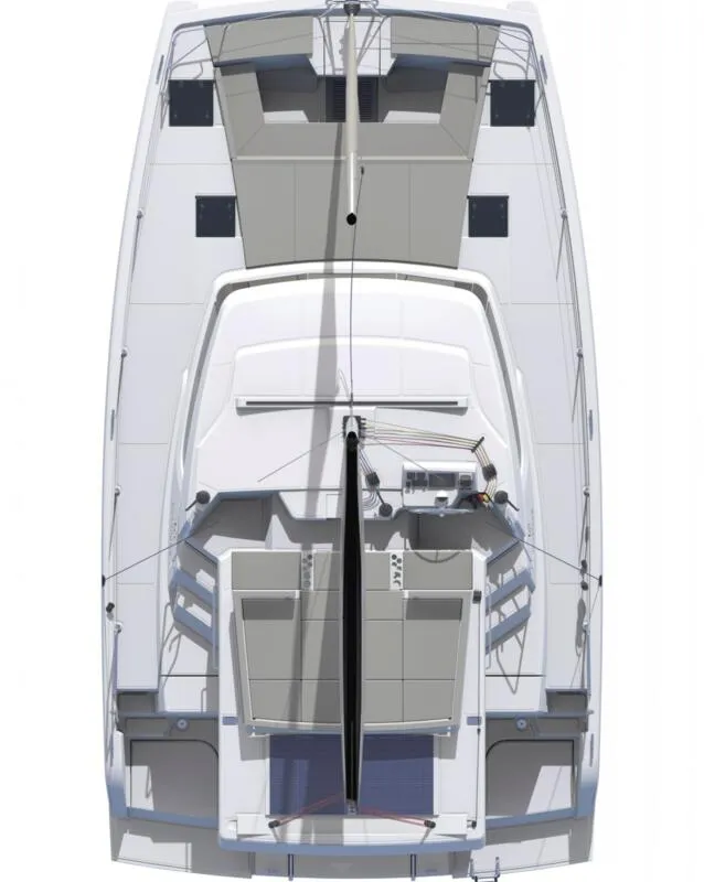 Exterior view of navégame, a Bali Catspace catamaran at Sant Antoni de Portmany, Spain