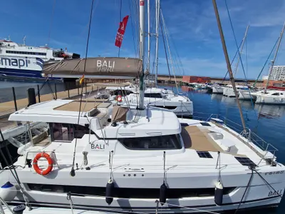 Deck of navégame, a Bali Catspace catamaran at Sant Antoni de Portmany, Spain