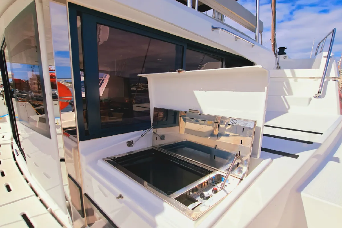 Galley of navégame, a Bali Catspace catamaran at Sant Antoni de Portmany, Spain