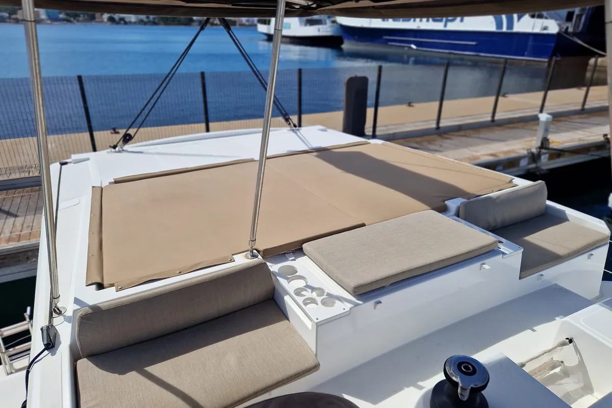 Salon of navégame, a Bali Catspace catamaran at Sant Antoni de Portmany, Spain