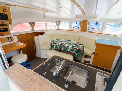 Salon of Poe Maia, a Lagoon 380 S2 catamaran at Papeete, France