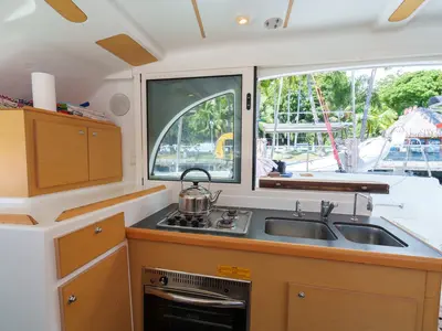 Galley of Poe Maia, a Lagoon 380 S2 catamaran at Papeete, France