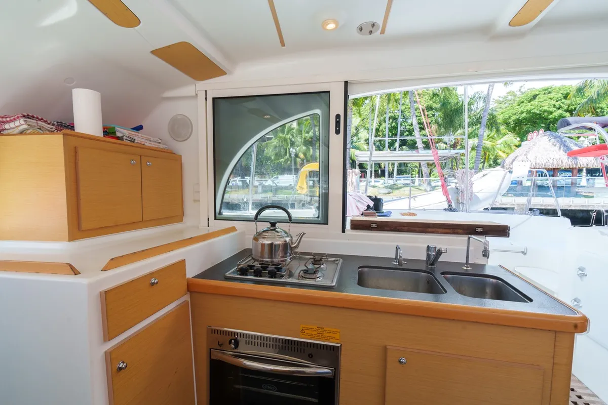 Galley of Poe Maia, a Lagoon 380 S2 catamaran at Papeete, France