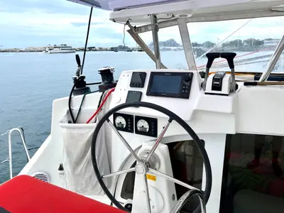Cockpit of Poe Maia, a Lagoon 380 S2 catamaran at Papeete, France