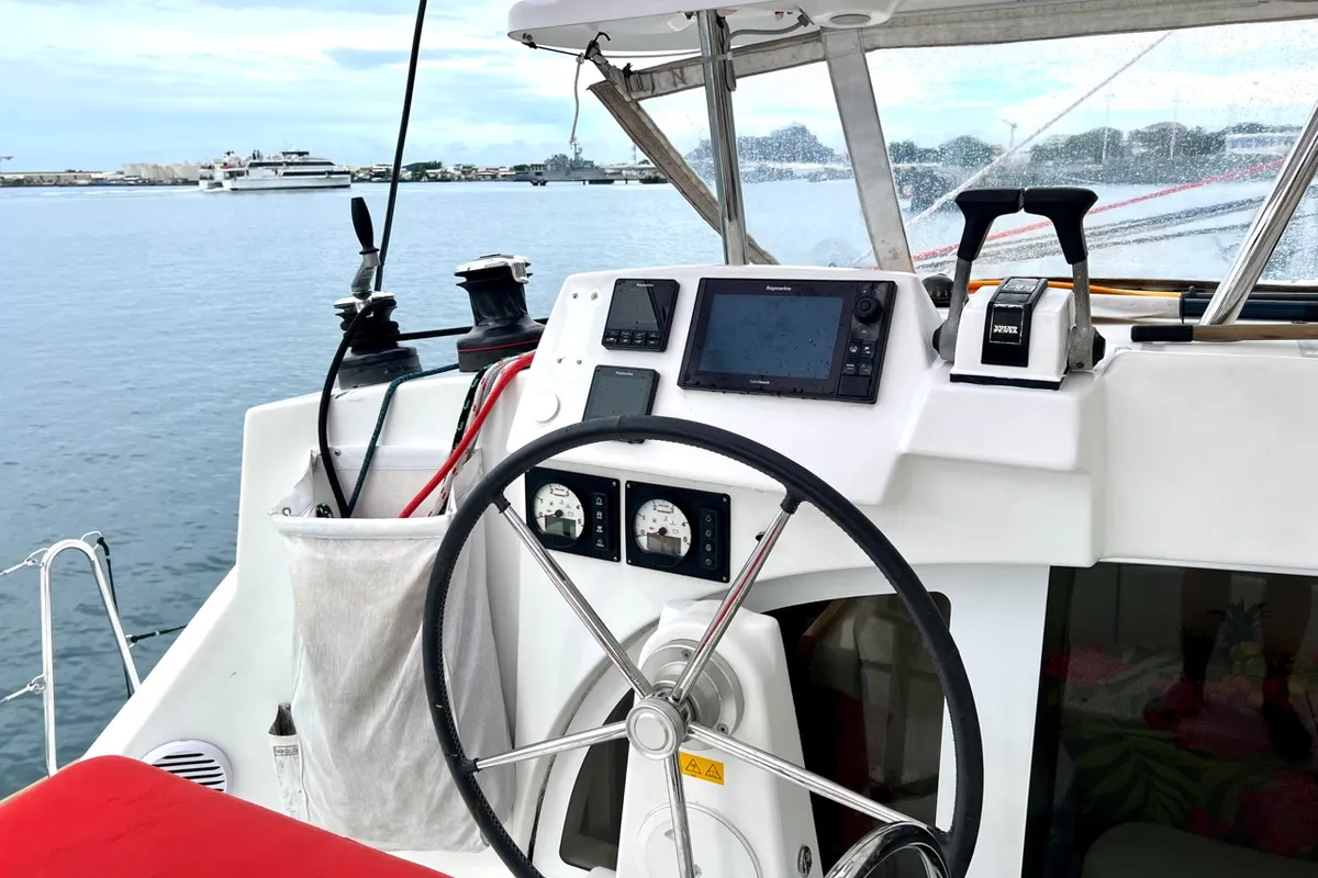 Cockpit of Poe Maia, a Lagoon 380 S2 catamaran at Papeete, France