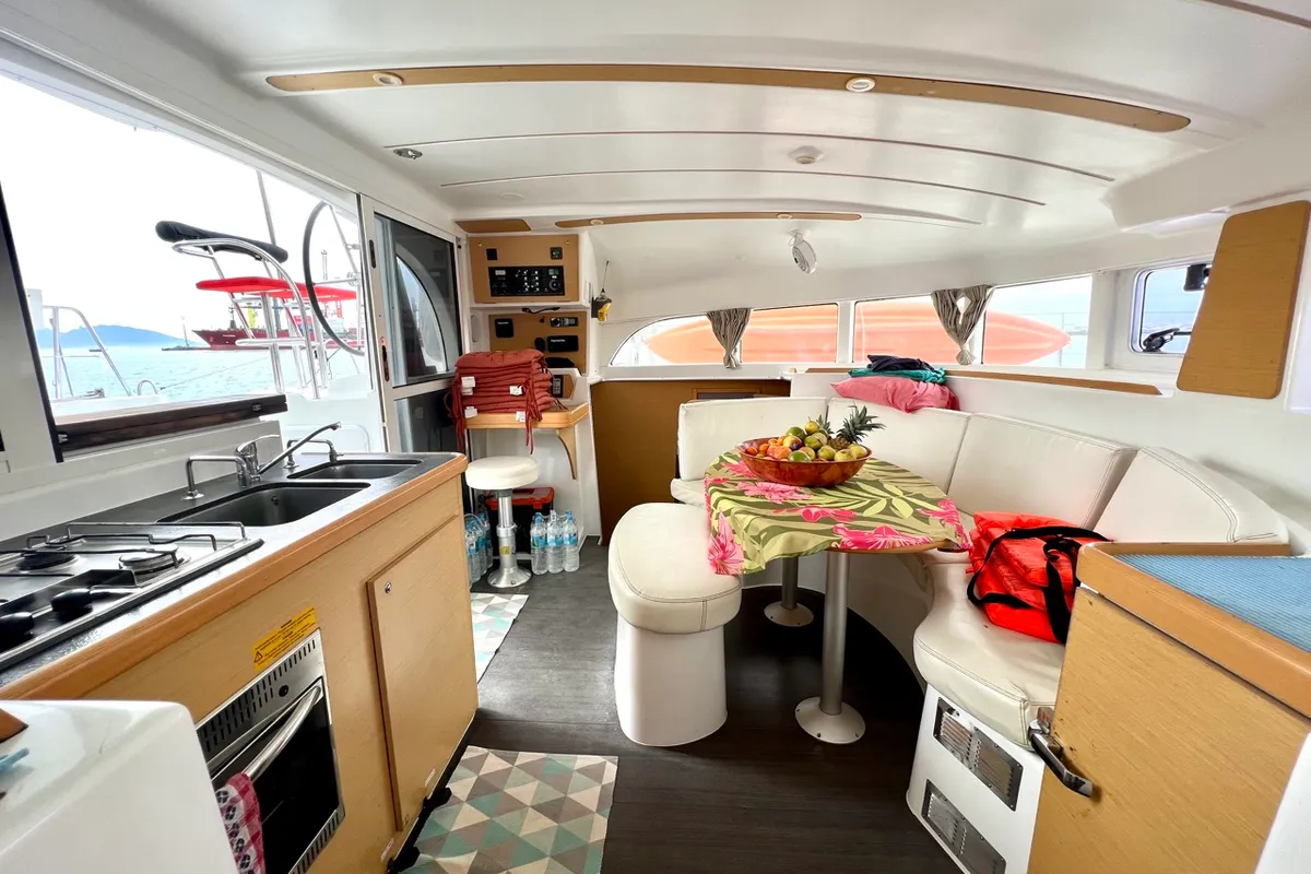 Salon of Poe Maia, a Lagoon 380 S2 catamaran at Papeete, France