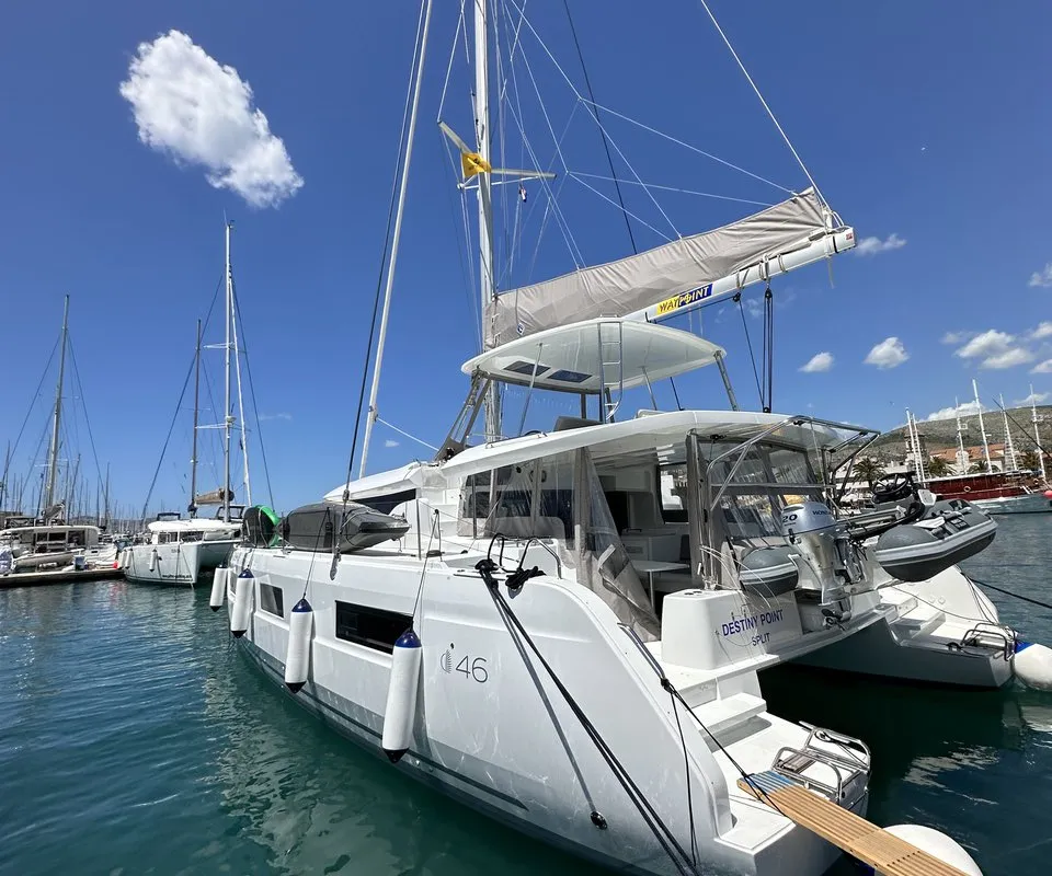 Exterior view of Destiny Point, a Lagoon 46 catamaran at Split, Croatia