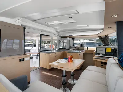 Salon of Brown Eyed Girl, a Fountaine Pajot Astrea 42 catamaran at Road Town, British Virgin Islands