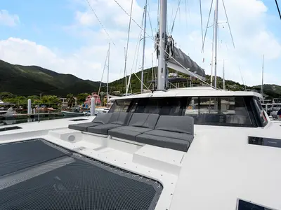 Deck of Brown Eyed Girl, a Fountaine Pajot Astrea 42 catamaran at Road Town, British Virgin Islands