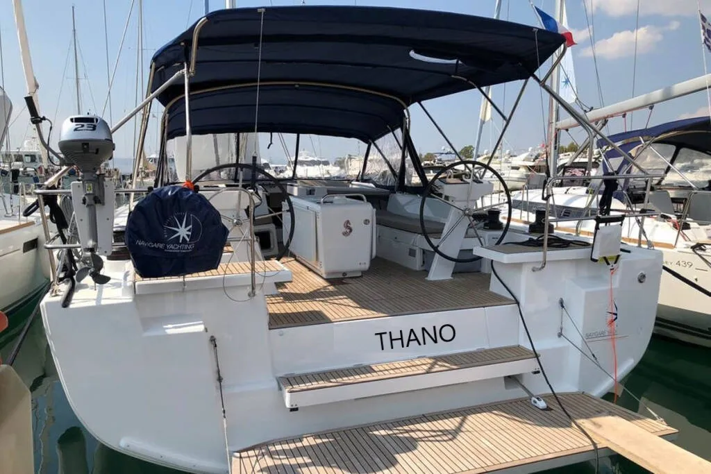 Exterior view of Thano, a Beneteau Oceanis 51.1 sailboat at Athens, Greece
