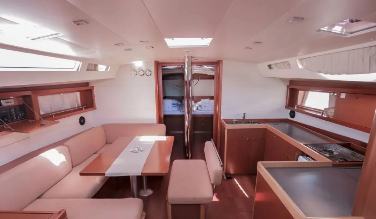 Salon of Athena, a Beneteau Oceanis 48 sailboat at Fethiye, Turkey
