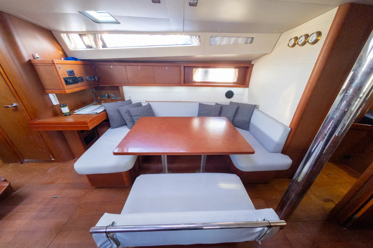 Salon of Athena, a Beneteau Oceanis 48 sailboat at Fethiye, Turkey