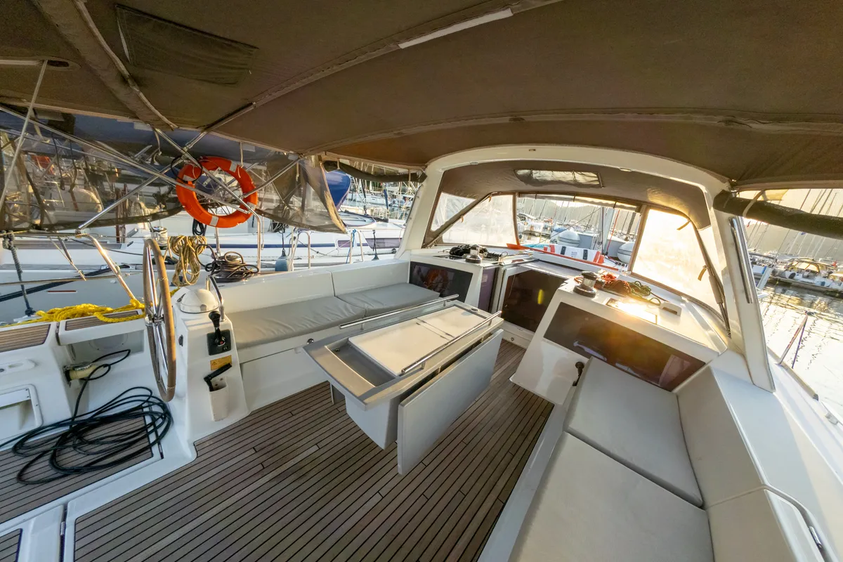 Cockpit of Athena, a Beneteau Oceanis 48 sailboat at Fethiye, Turkey