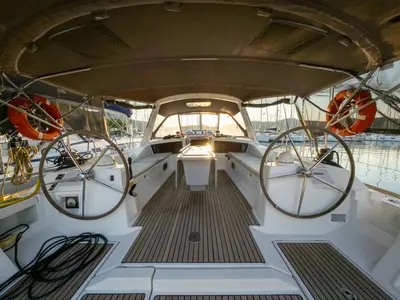 Deck of Athena, a Beneteau Oceanis 48 sailboat at Fethiye, Turkey