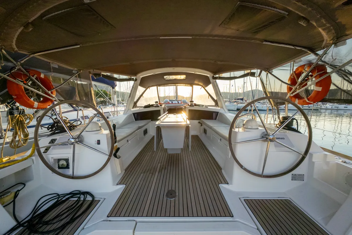 Deck of Athena, a Beneteau Oceanis 48 sailboat at Fethiye, Turkey