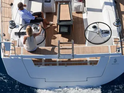 Cockpit of Athena, a Beneteau Oceanis 48 sailboat at Fethiye, Turkey