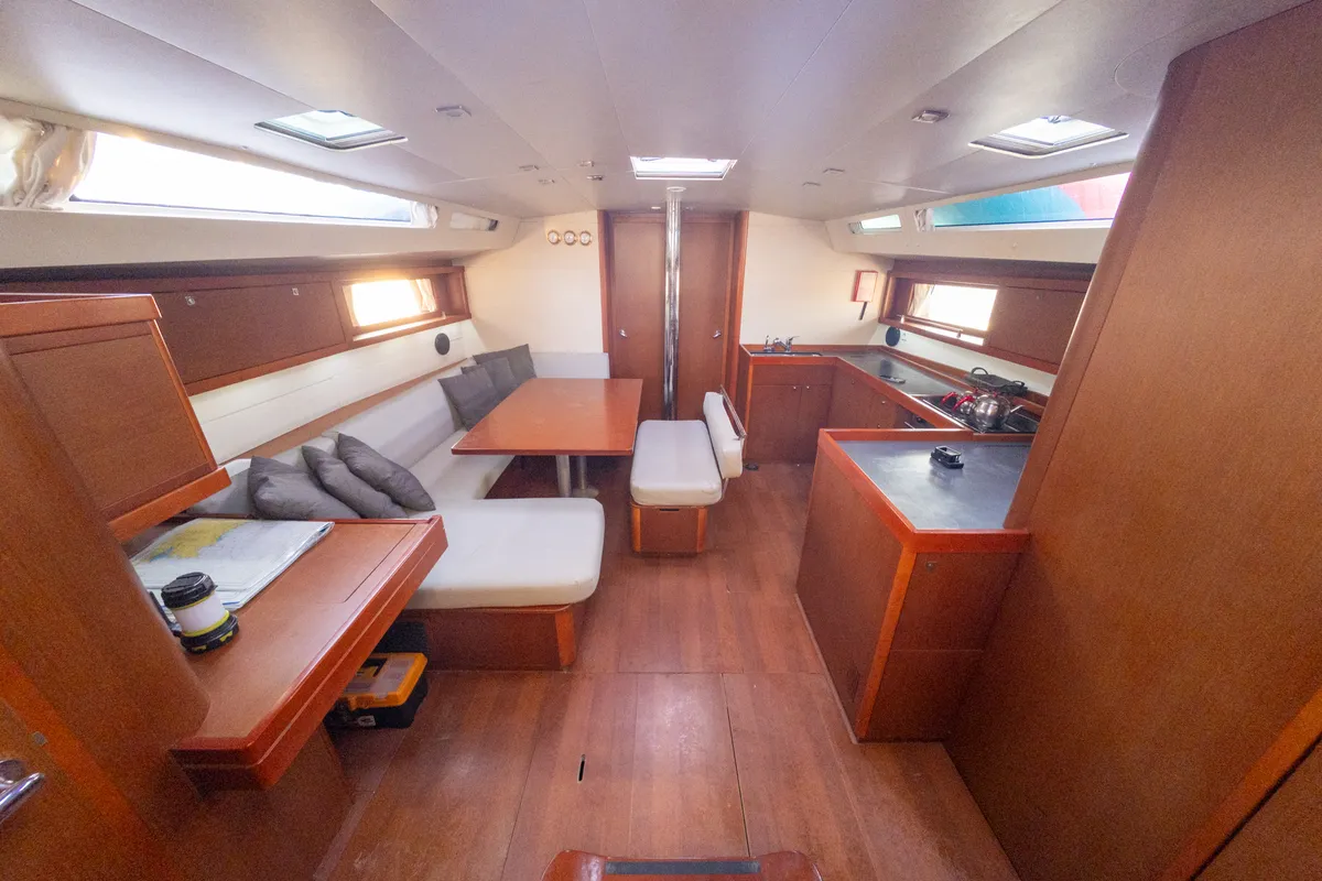 Salon of Athena, a Beneteau Oceanis 48 sailboat at Fethiye, Turkey