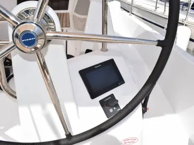 Cockpit of Hrvaska, a Jeanneau Sun Odyssey 490 sailboat at Grad Kaštela, Croatia
