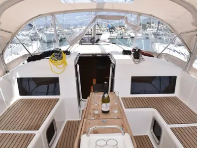 Deck of Hrvaska, a Jeanneau Sun Odyssey 490 sailboat at Grad Kaštela, Croatia