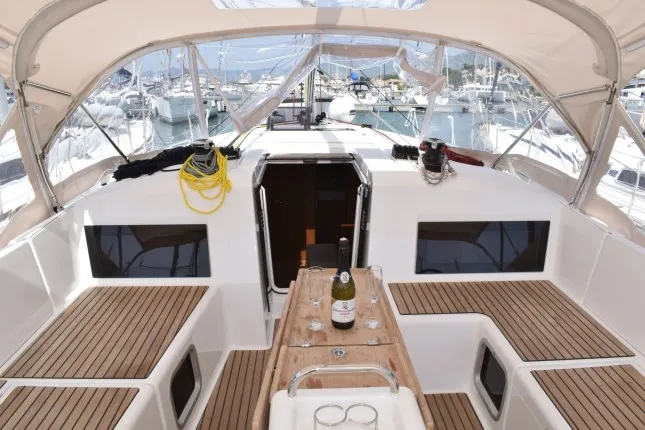 Deck of Hrvaska, a Jeanneau Sun Odyssey 490 sailboat at Grad Kaštela, Croatia