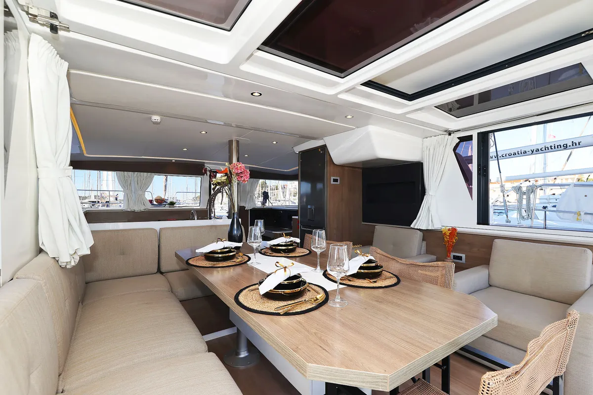 Salon of Agma, a Bali 4.2 catamaran at Grad Šibenik, Croatia