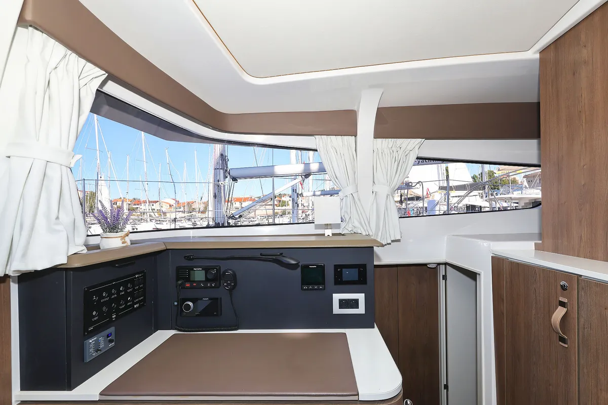 Salon of Agma, a Bali 4.2 catamaran at Grad Šibenik, Croatia