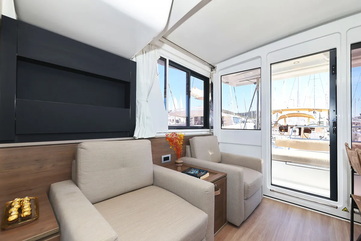 Salon of Agma, a Bali 4.2 catamaran at Grad Šibenik, Croatia