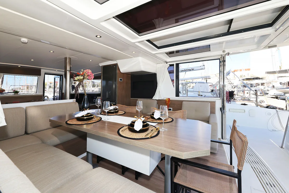Salon of Agma, a Bali 4.2 catamaran at Grad Šibenik, Croatia