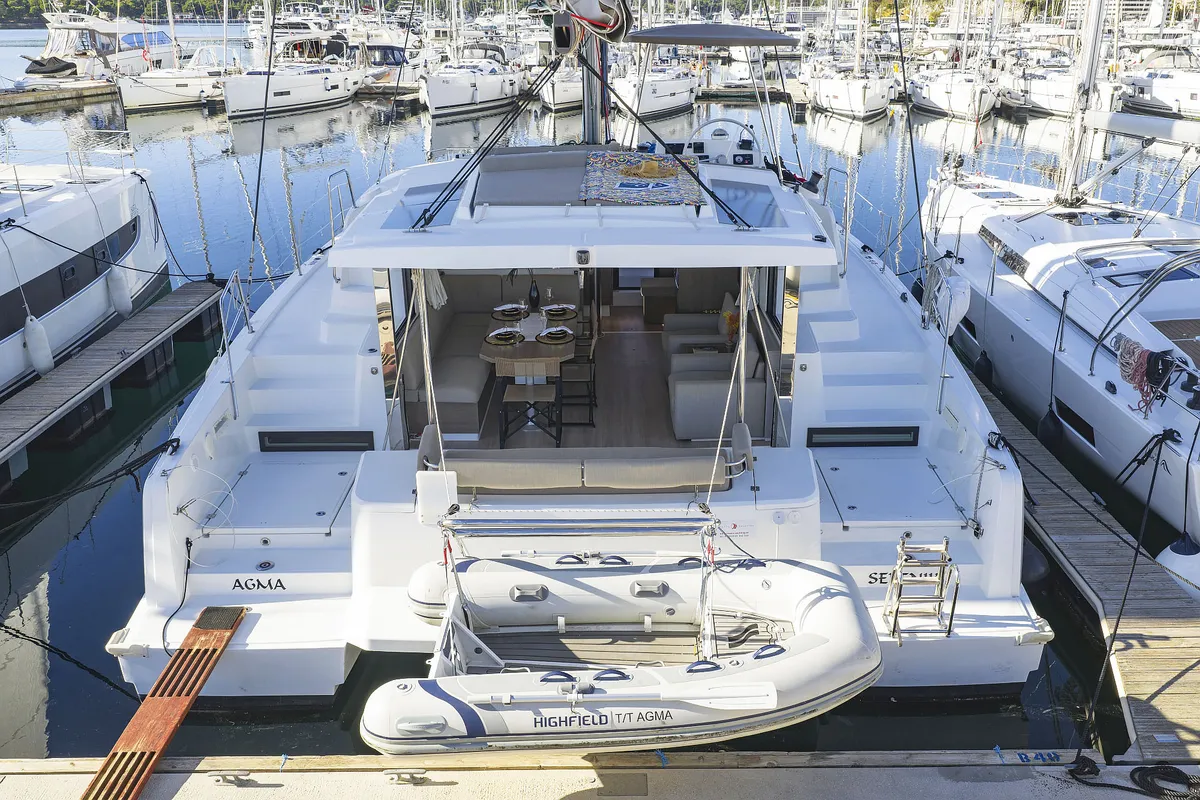 Exterior view of Agma, a Bali 4.2 catamaran at Grad Šibenik, Croatia