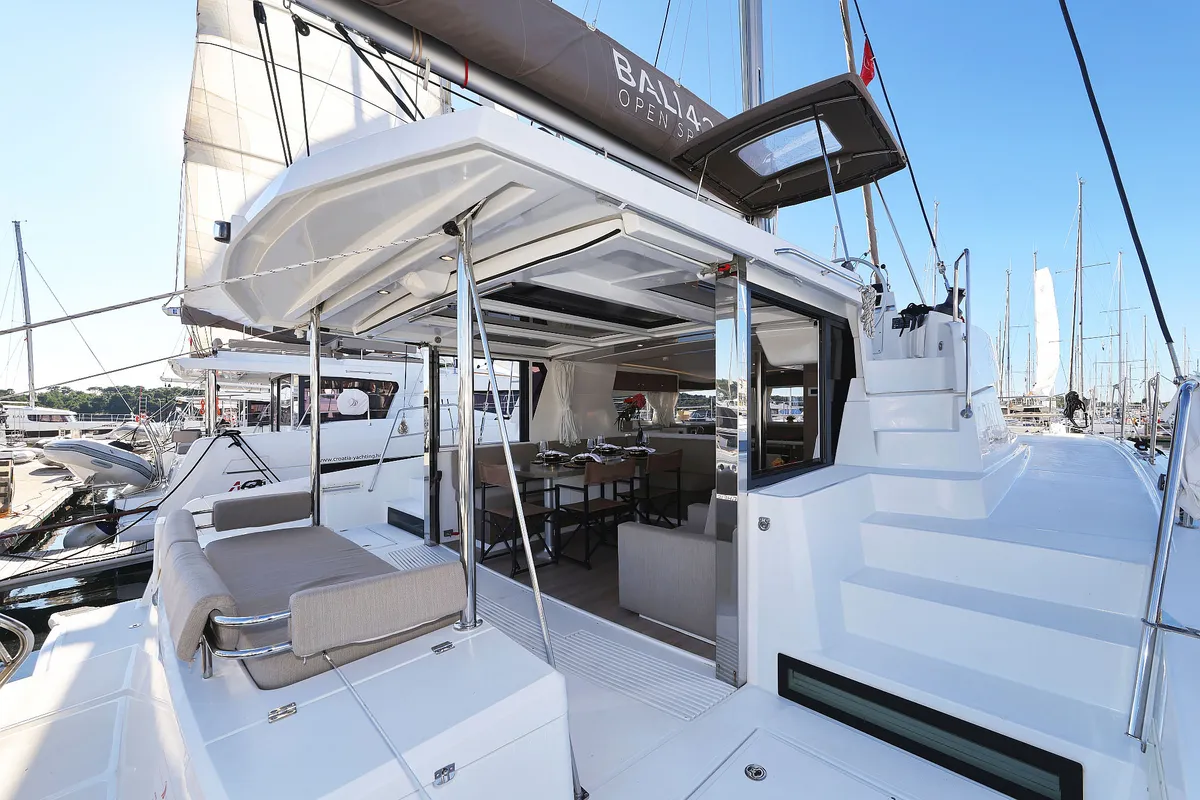 Deck of Agma, a Bali 4.2 catamaran at Grad Šibenik, Croatia