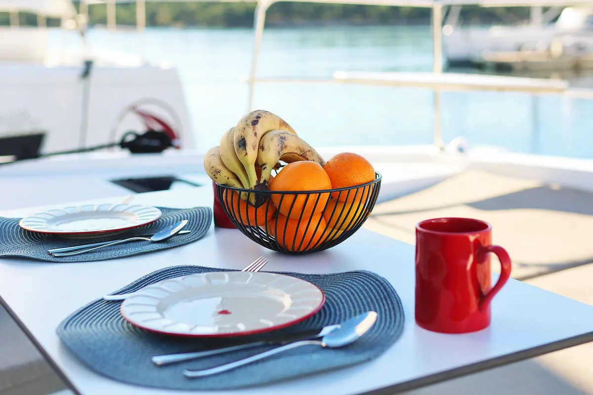 Deck of Agma, a Bali 4.2 catamaran at Grad Šibenik, Croatia
