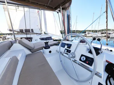 Cockpit of Agma, a Bali 4.2 catamaran at Grad Šibenik, Croatia