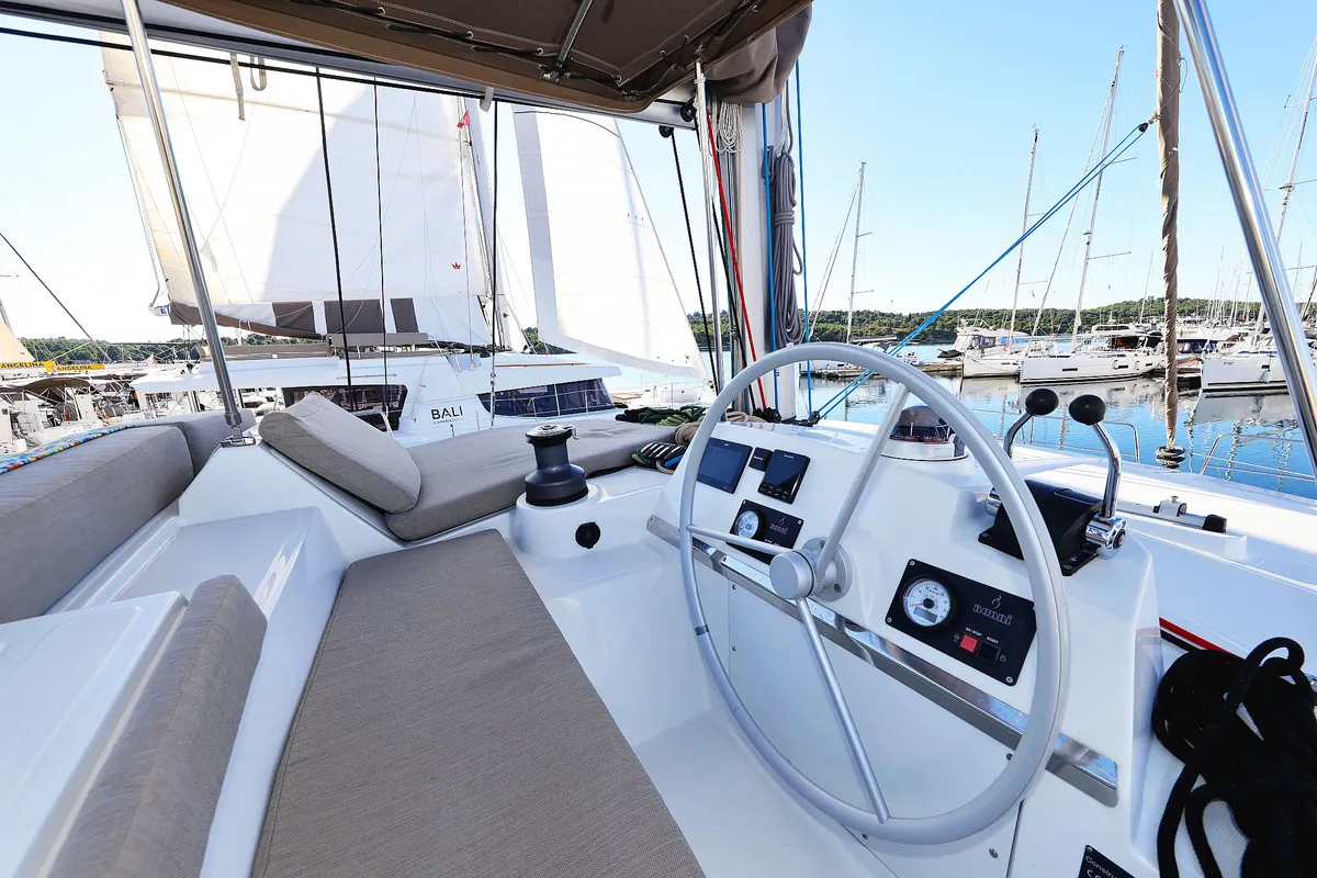 Cockpit of Agma, a Bali 4.2 catamaran at Grad Šibenik, Croatia
