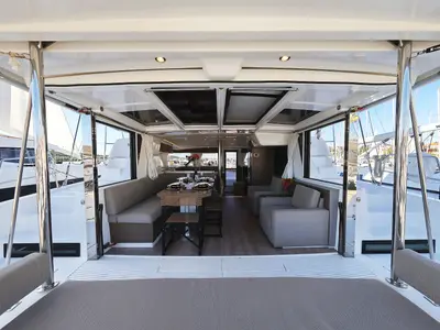 Salon of Agma, a Bali 4.2 catamaran at Grad Šibenik, Croatia