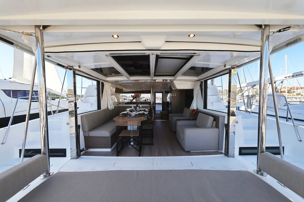 Salon of Agma, a Bali 4.2 catamaran at Grad Šibenik, Croatia